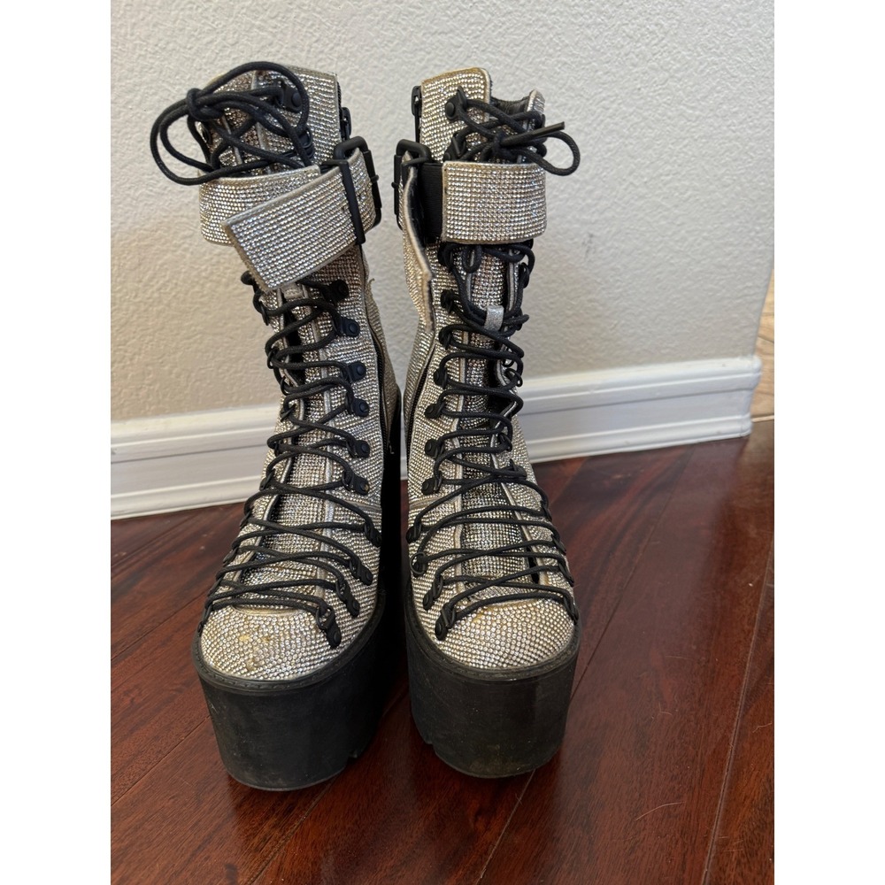 Club Exx Dolls Kill Rhinestone Platform Combat Boots Silver Womens 9 Rave Goth